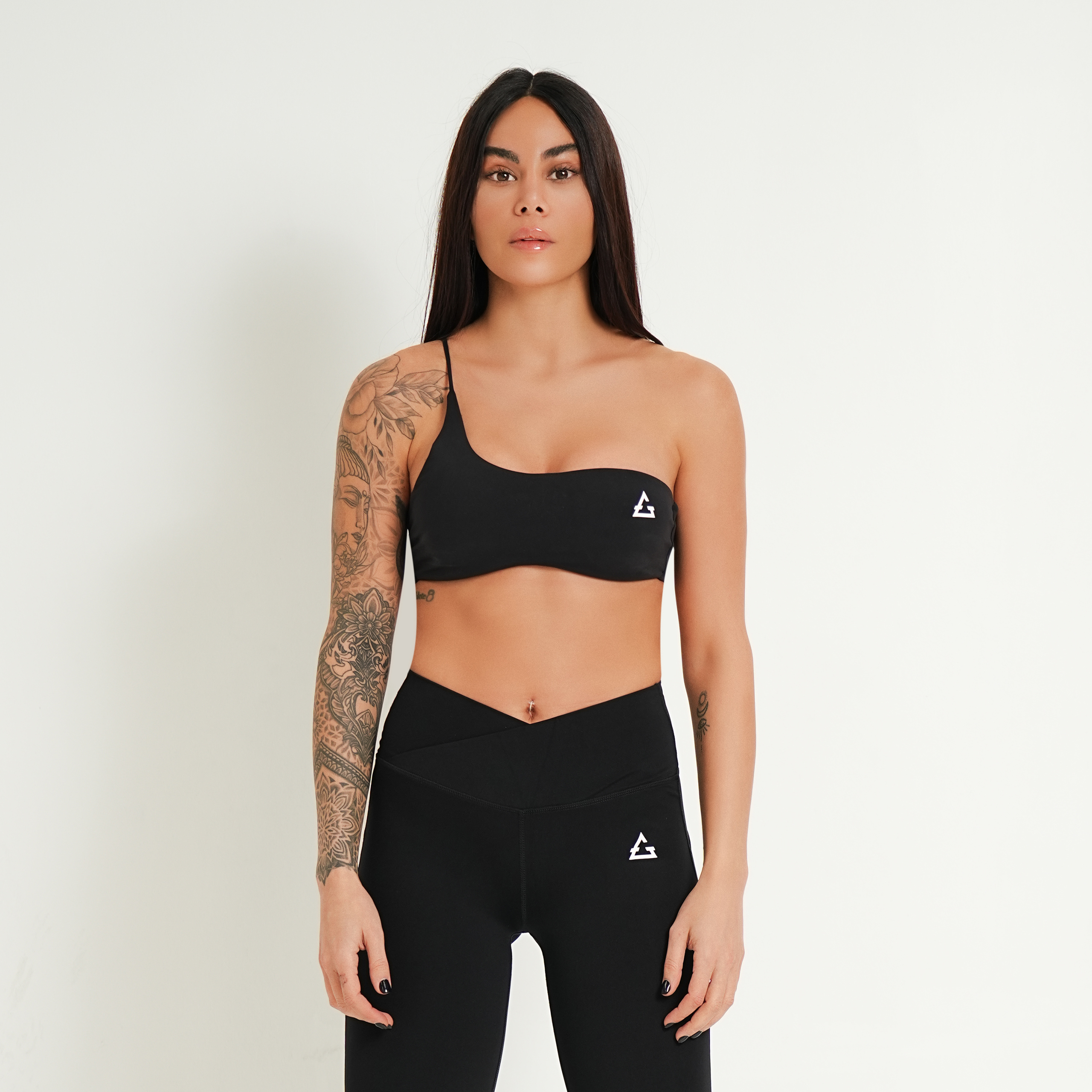 Gravity Luxe hollow out one shoulder mini sport bra in black