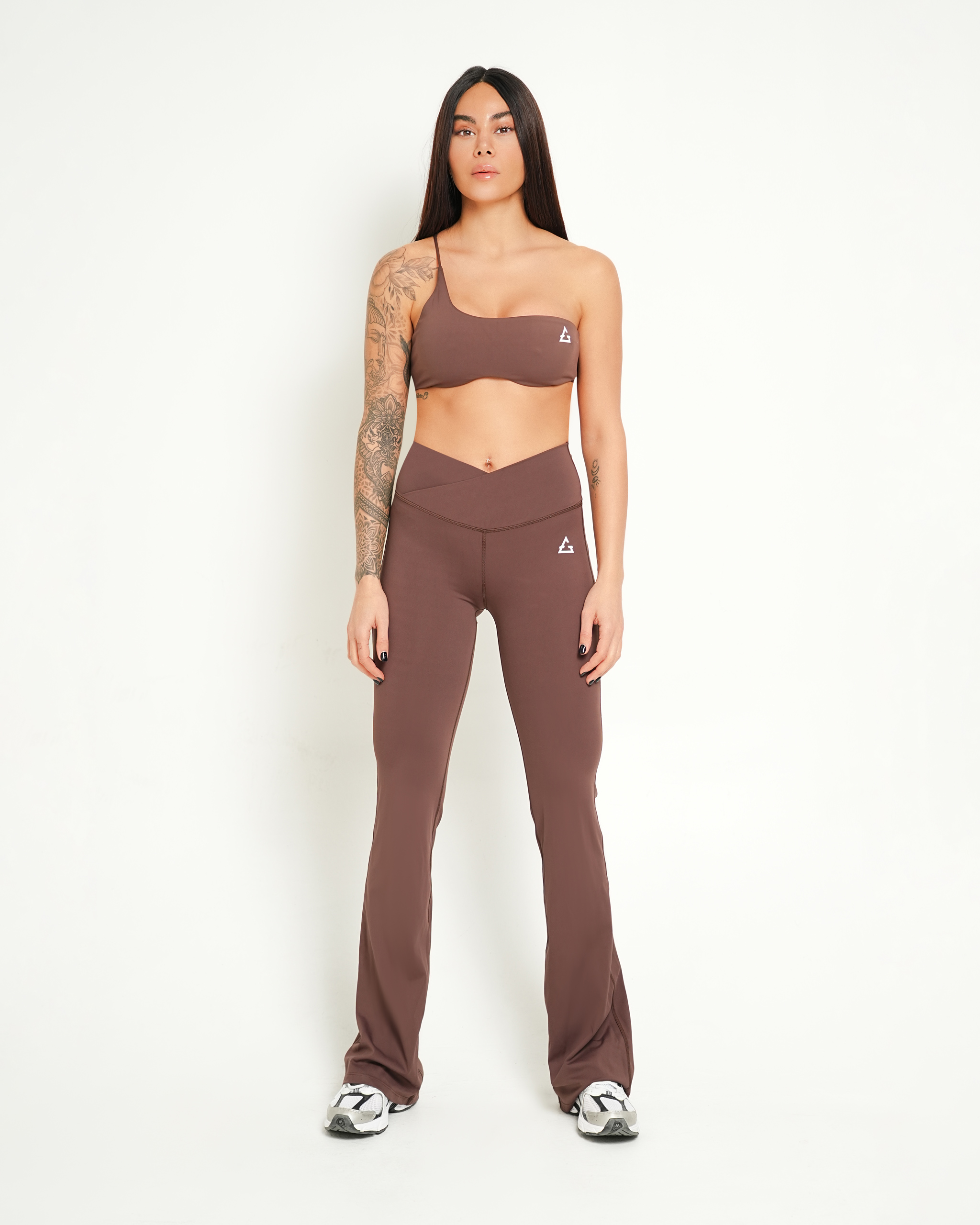 Gravity Compression flare pants with crossover waistband in latte brown