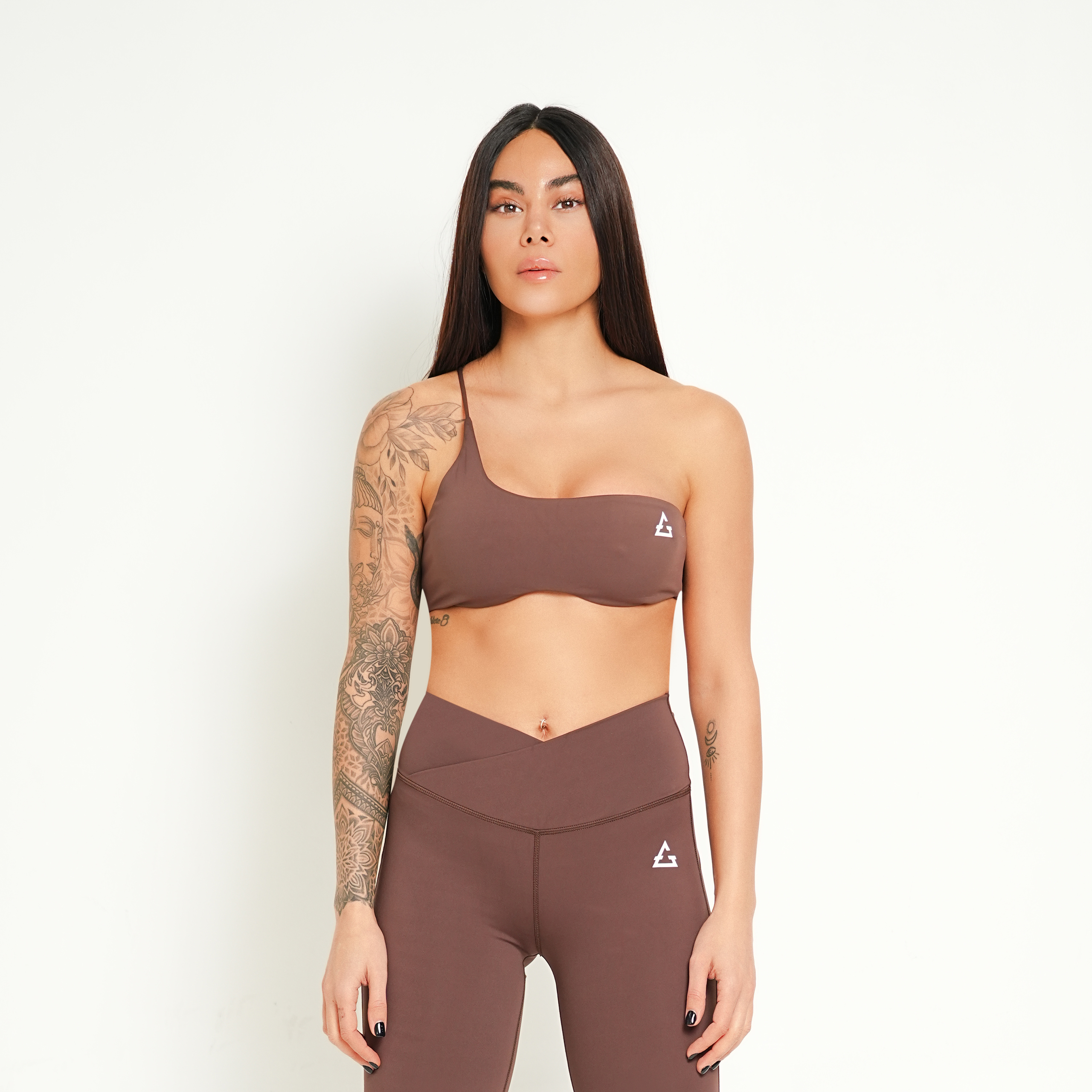 Gravity Luxe hollow out one shoulder mini sport bra in latte brown